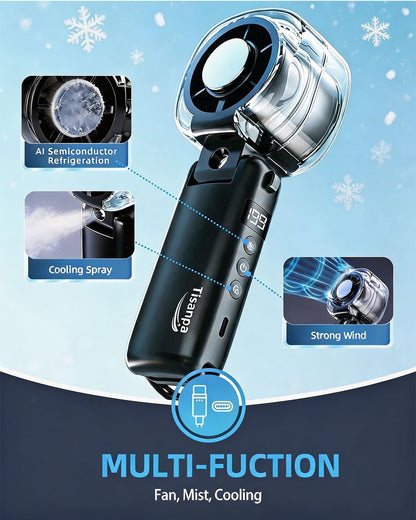 Portable Handheld Turbo Fan with Ice Cooling, 45ml Mist Fan, Up to 12H Cooling, 199 Speed, USB Rechargeable, High Power Motor, Personal Cooling Fan for Outdoor, Travel, Beach, Camping (Black)