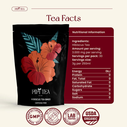 PiPi Tea Organic Hibiscus Tea Bags – Caffeine Free Herbal Tea Rich in Antioxidants, Non-GMO & Vegan, Sourced from Premium Hibiscus Flowers for Daily Wellness & Heart Health Support, 60g