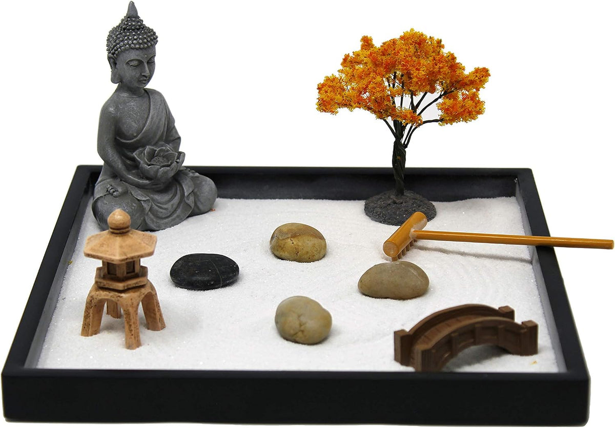 Nature's Mark Mini Zen Garden Kit for Desk with Rake, White Sand, Buddha, Bridge Black Square Base, River Rocks and Mini Blossom Tree (9Lx9W A)