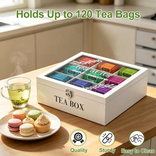 Tea Box Organizer,Wooden Tea Storage,Tea Bag Holder with Glass Lid