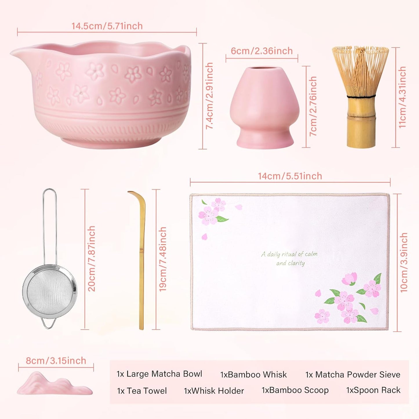 ALBISS Matcha Whisk Set - 7 Pcs Ceramic Matcha Kit with 18oz Spout Bowl & Cherry Blossom Design, Bamboo Whisk & Holder, Scoop, Rest, Sifter, Towel, Elegant Japanese Tea Gift Set for Macha Lover, Green