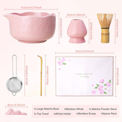 ALBISS Matcha Whisk Set - 7 Pcs Ceramic Matcha Kit with 18oz Spout Bowl & Cherry Blossom Design, Bamboo Whisk & Holder, Scoop, Rest, Sifter, Towel, Elegant Japanese Tea Gift Set for Macha Lover, Green