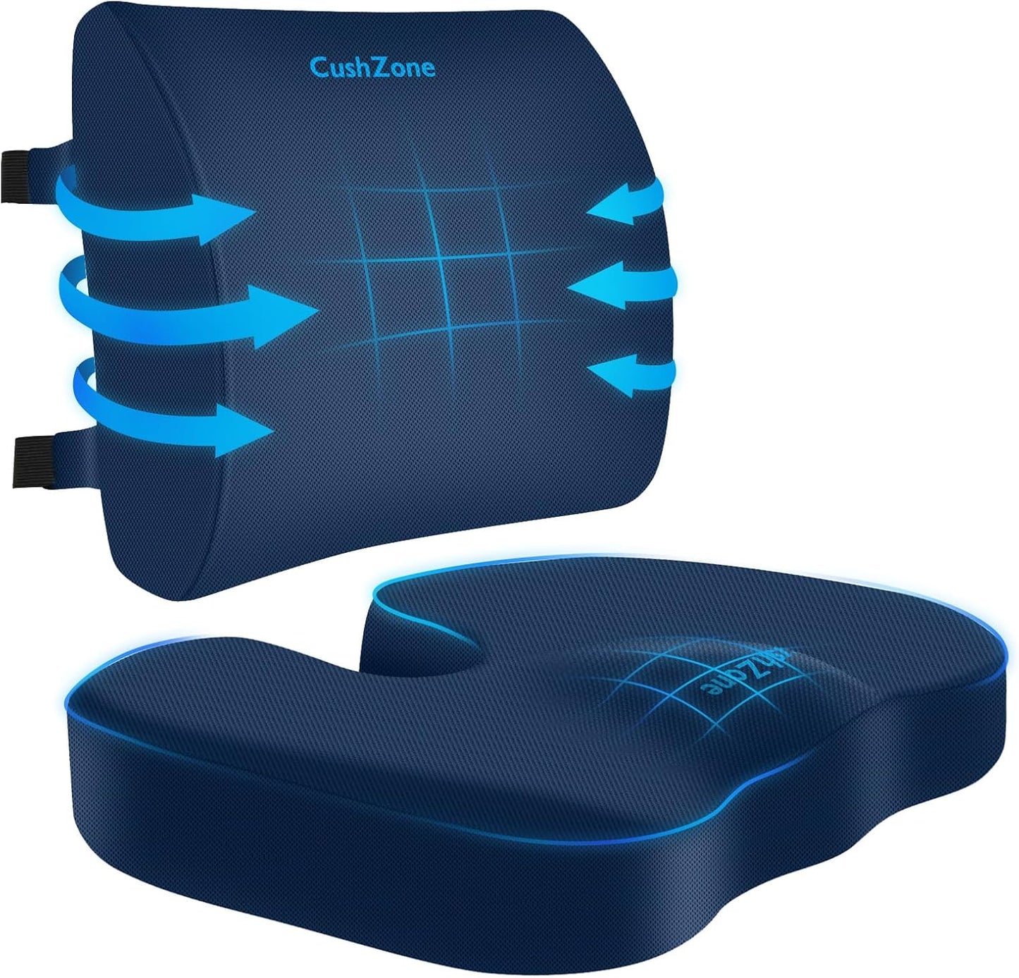 CushZone Ergonomic Seat Cushion & Lumbar Support Pillow - Memory Foam for Sciatica Pain Relief & Posture Correction, Non-Slip Chair Cushions for Office Chair/Car/Wheelchair/Travel (Black)