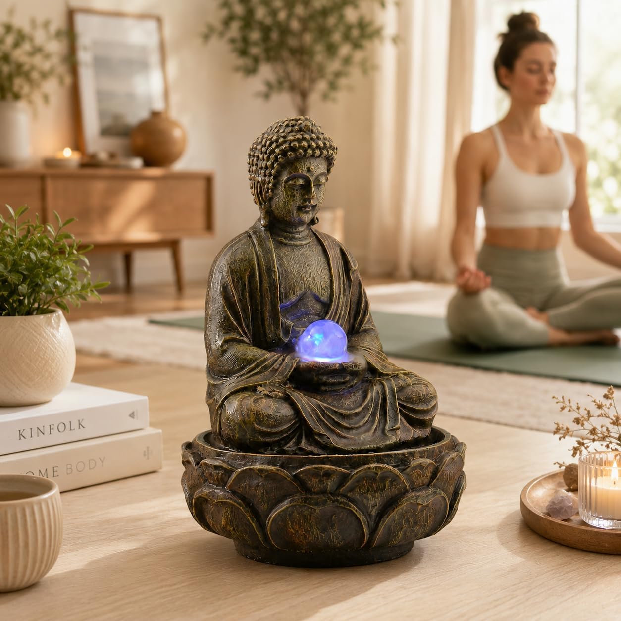 Indoor Tabletop Water Fountain with LED Light, Resin Rock-Look Waterfall Decor, Feng Shui Inspired Zen Fountain for Desk, Office, Bedroom, Living Room & Meditation Space (9" Cascading Rock)