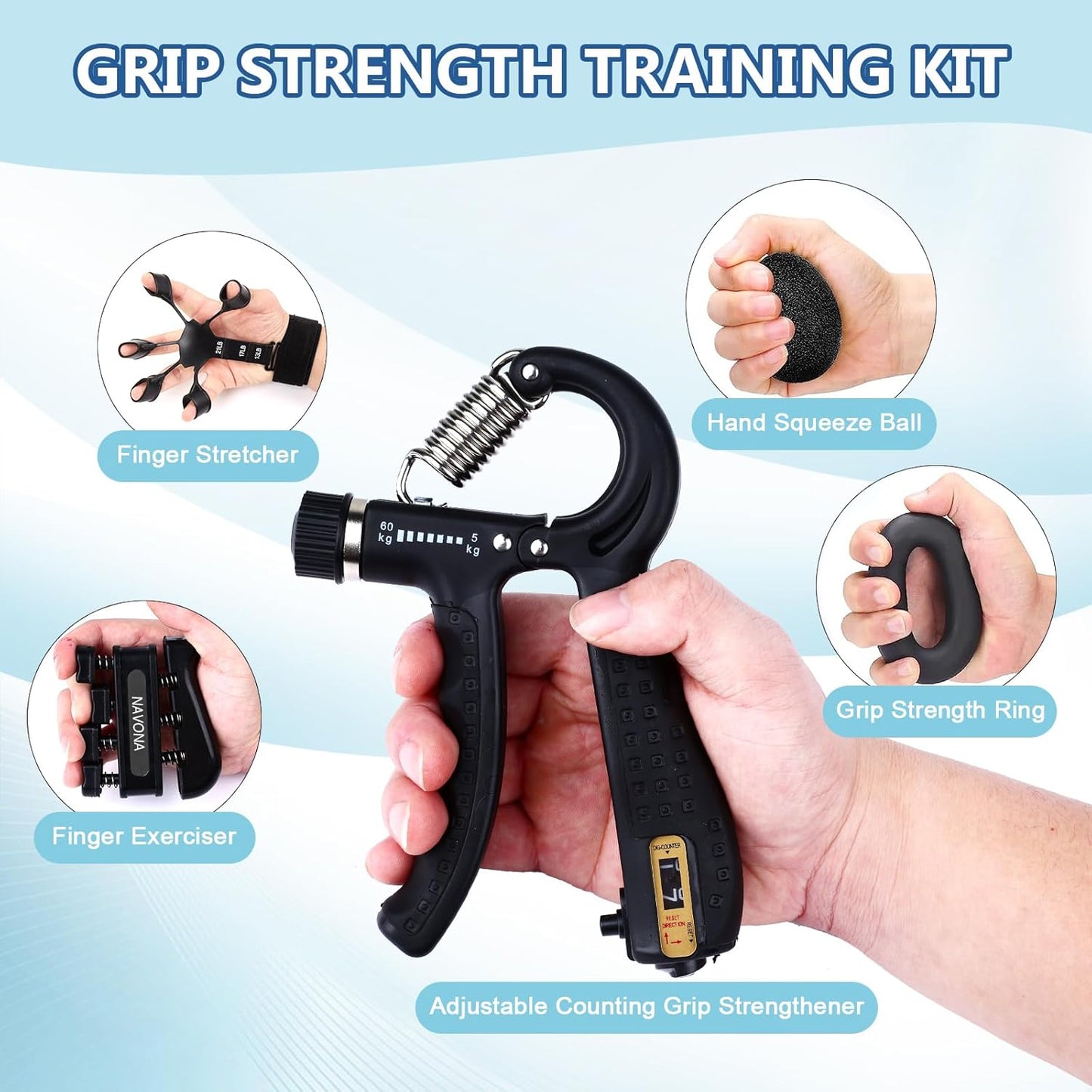 5/10 PCS Grip Strength Trainer Kit, Hand Gripper Strengthener, Forearm Strengthener, Finger Strengthener, Finger Exerciser, Stress Relief Ball,Forearm Workout Ring for Muscle Building and Injury Recover