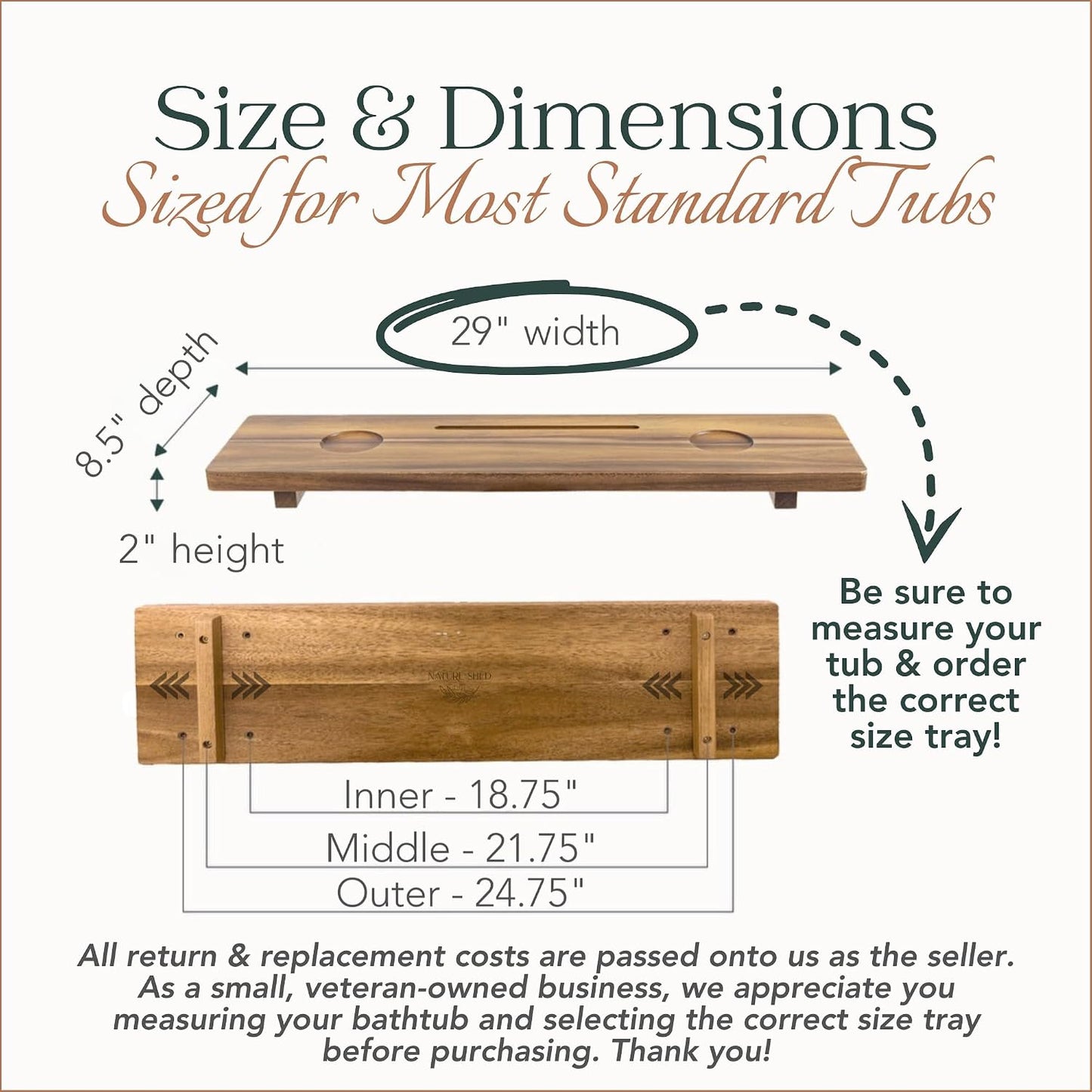 Premium Nature Shed Bathtub Tray for Freestanding Bath | Large & Thick 35” Acacia Wood Luxury Bath Tray for Tub | Anti-Tip, Non-Toxic, Adjustable Bathtub Trays for Tub with Bathroom Accessories Holder