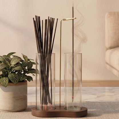 2 in 1 Anti-Ash Incense Holder for Sticks, Upside Down Hanging Incense Burner with Removable Glass Ash Catcher and Wooden Base, Modern Vertical Zen Decor for Home Office Yoga Meditation Room（Clear）