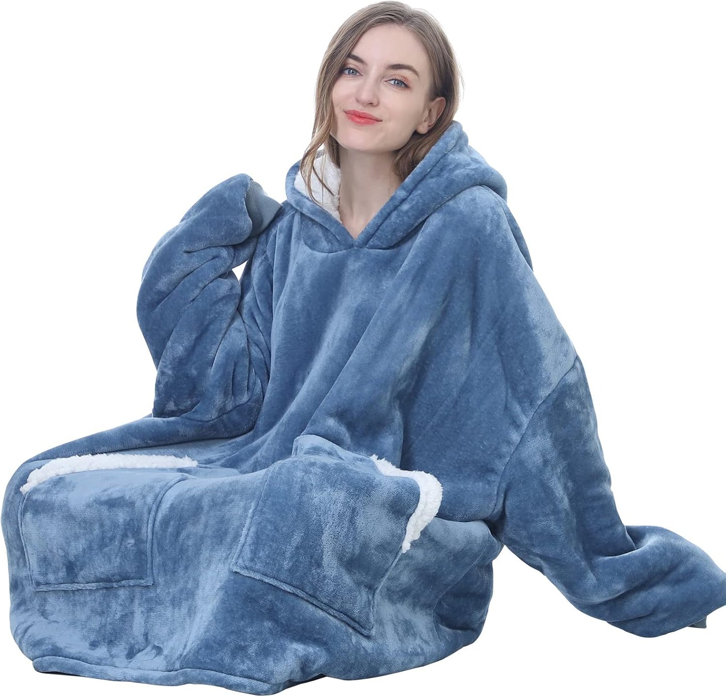 Kipswiza Wearable Blanket Hoodie Gifts for Women and Men, Oversized Cozy Warm Flannel Sherpa Hooded Blankets Sweatshirt with Giant Pockets for Adult and Teens, Dark Gray