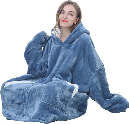 Kipswiza Wearable Blanket Hoodie Gifts for Women and Men, Oversized Cozy Warm Flannel Sherpa Hooded Blankets Sweatshirt with Giant Pockets for Adult and Teens, Dark Gray