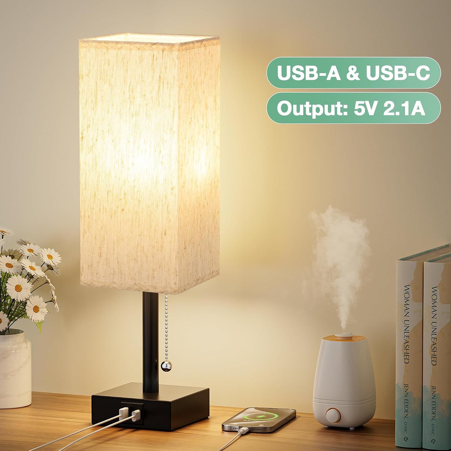 aooshine Small Table Lamp for Bedroom - Bedside Lamps for Nightstand, Minimalist Night Stand Light Lamp with Square Fabric Shade, Desk Reading Lamp for Kids Room Living Room Office Dorm