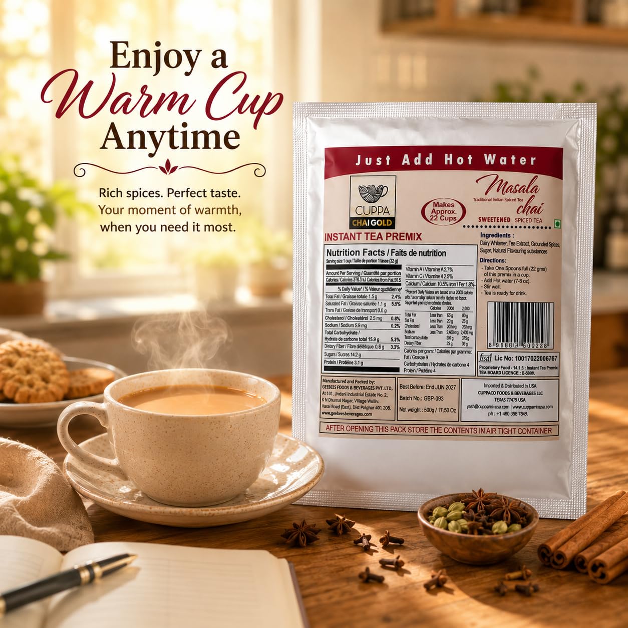 Chai Gold Instant Chai Tea Premix Powder - Sweetened Milk Tea Latte Mix for Home and Beverage Dispensers - [500g / 1.1 lb Bulk Bag] (Kadak)