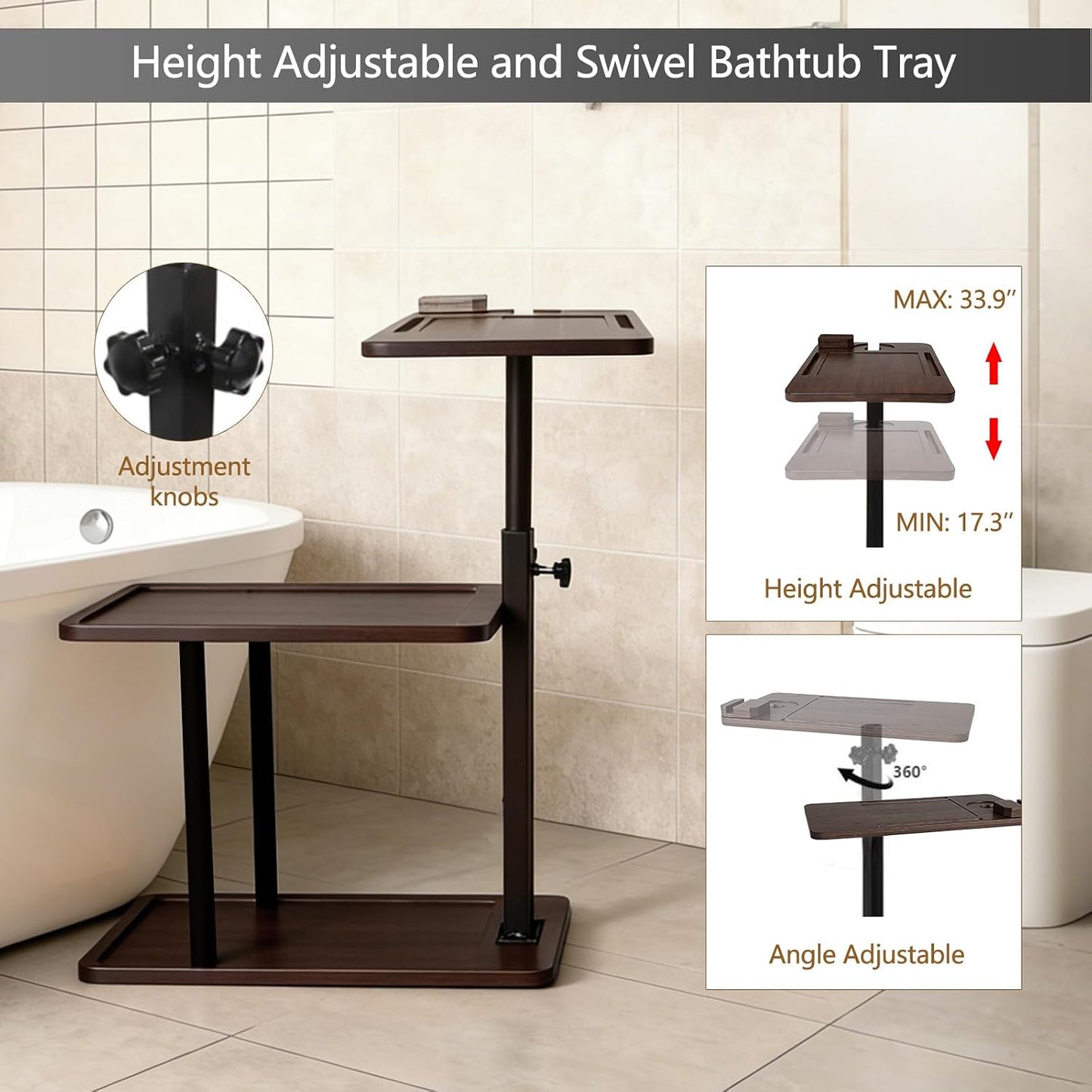 3 Layer Bathtub Tray Table,Bamboo Swivel Bathtub Side Table Height Adjustable,Freestanding Bathtub Tray for Tub Against Wall,Bathtub Accessories&Bathroom Organizer for Luxury Home Spa (Black)
