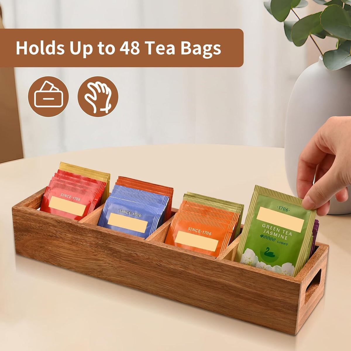 Acacia Wood Tea Bag Organizer with 4 Slots – Tea Bag Holder and Tea Organizer, Sugar Packet Storage for Countertops
