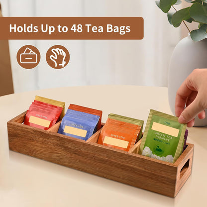 Acacia Wood Tea Bag Organizer with 4 Slots – Tea Bag Holder and Tea Organizer, Sugar Packet Storage for Countertops