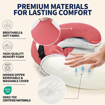 BUYUE Travel Neck Pillows for Airplanes, Memory Foam 360° Head Support Sleep for Long Flight, Skin-Friendly & Breathable, Kit with Eye Mask, Earplugs and Storage Bag (Adult, Grey, 90+ lbs)