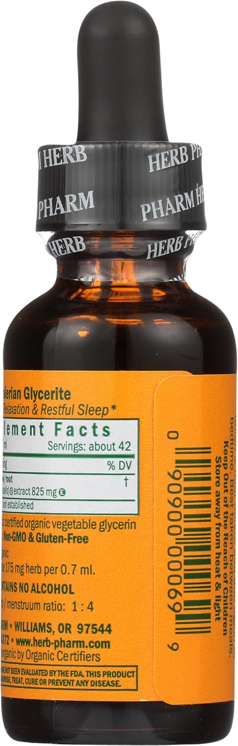 Herb Pharm Valerian Alcohol-Free Extract: Organic Liquid Glycerite for Sleep & Relaxation, Calming Nighttime Sleep Support Supplement for Adults, Sugar-Free, Up to 6 Week Supply, 1 oz