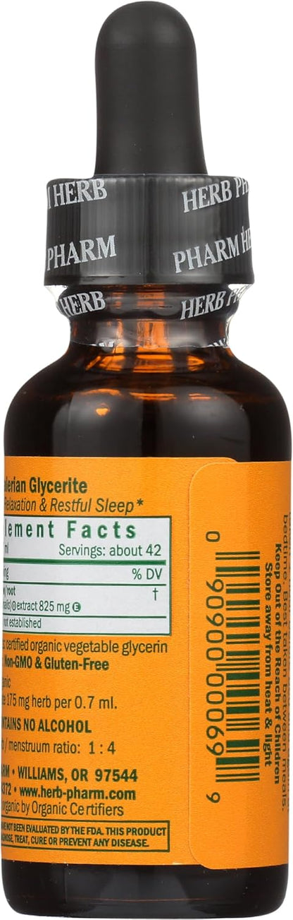 Herb Pharm Valerian Alcohol-Free Extract: Organic Liquid Glycerite for Sleep & Relaxation, Calming Nighttime Sleep Support Supplement for Adults, Sugar-Free, Up to 6 Week Supply, 1 oz