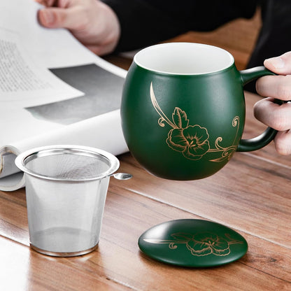 Yundu 12 OZ Matte Green Ceramics Teacup with Infuser and Lid, Mug with Lid for Steeping - Stainless Steel Infuser for Loose Leaf Tea, Home Office Gift for Tea Lovers
