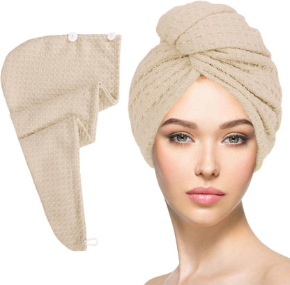 MaopaoBeauty Hair Towel Wrap for Women Long&Thick Hairs Head Wrap 1Pack Super Absorbent Hair Drying White Waffle Bath Towels for Curly Quick Dry Hair Drying Towels with Button