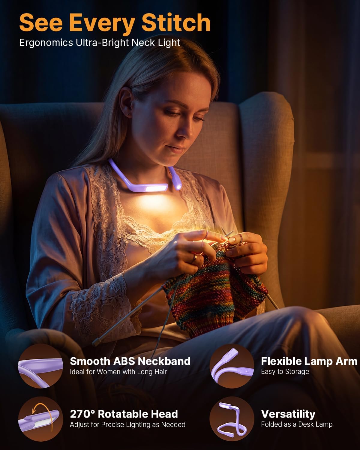 Reading Light, Rechargeable Neck Light, Stepless Dimming Book Light