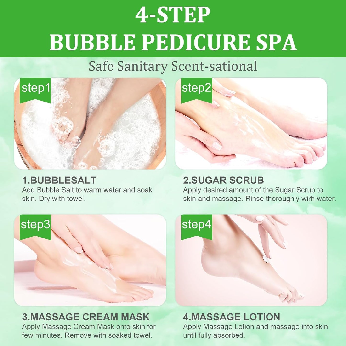 Pedicure Kit Foot Soak Set: Bubble Salt, Sugar Scrub, Massage Mask, Massage Lotion in a Box, 4 Step Foot Spa Kit for Dry Feet, Softens Calluses, Tired Feet（3 Set Lavender) - Colors B