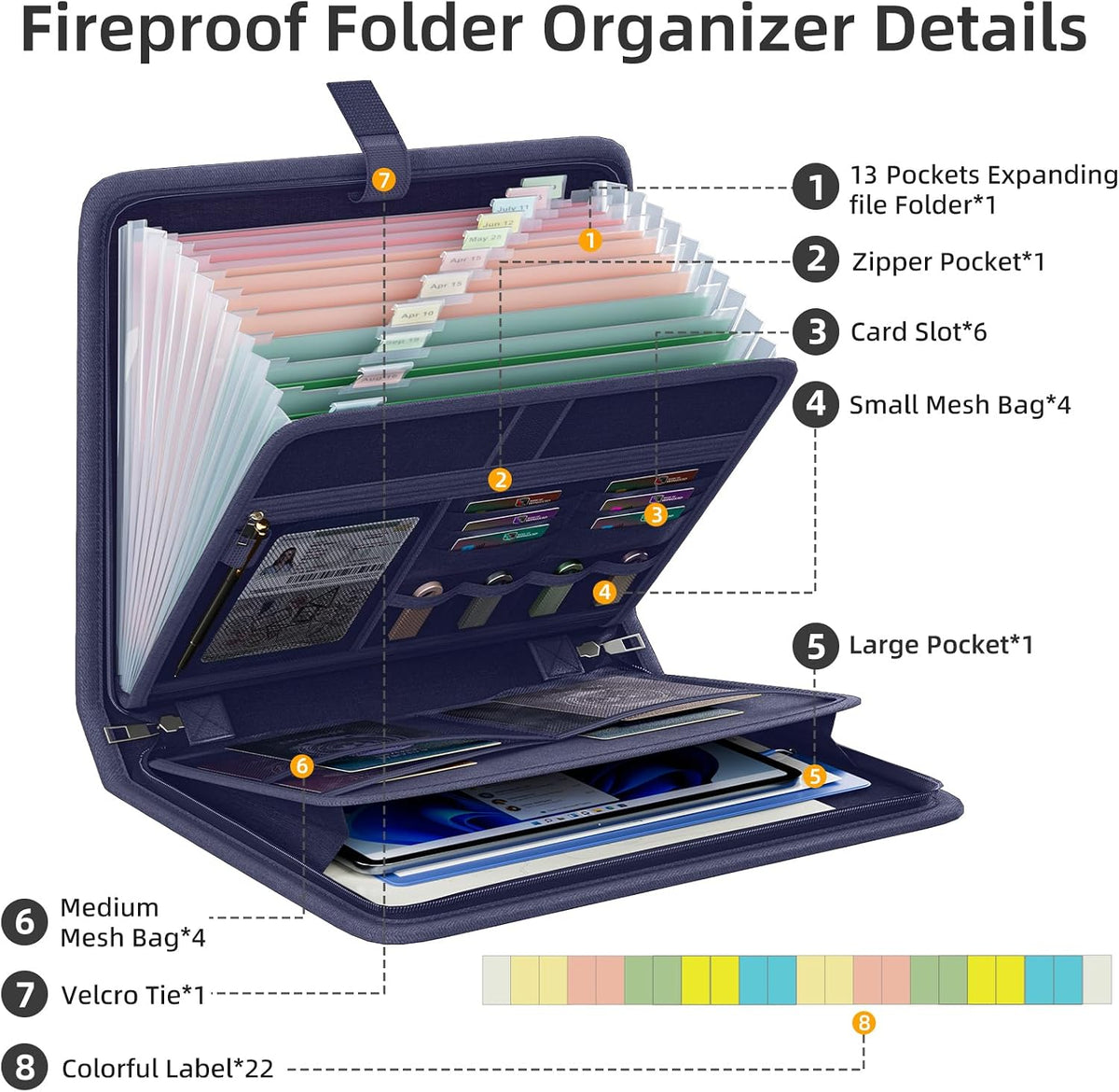 Fireproof Accordion File Organizer, Expanding File Folder with 13 Pockets