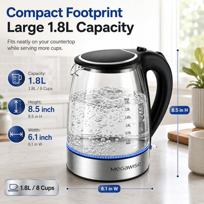 MEGAWISE 1.8 L Glass Electric Kettle, 1000W, Auto Shut-Off, Black