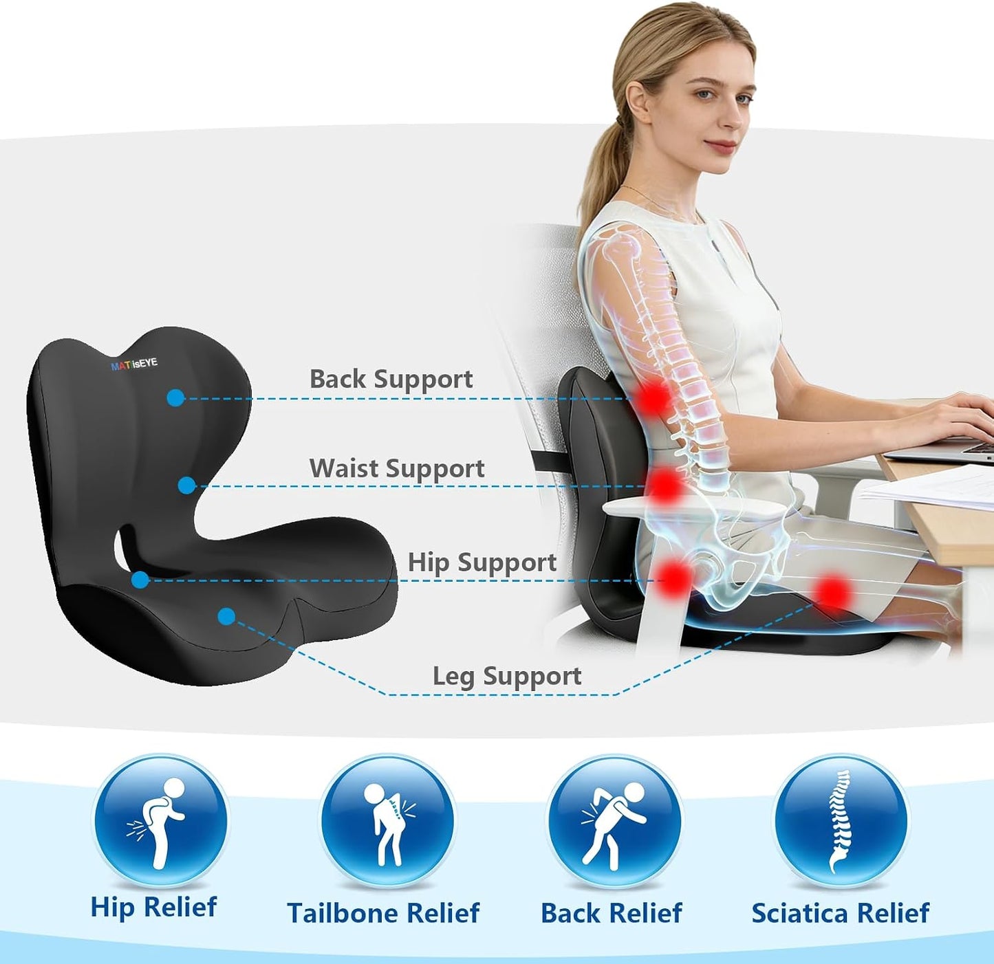2026 Upgraded Orthopedic Memory Foam Seat Cushion with Adjustable Strap, Coccyx & Sciatica Pain Relief, Washable Non-Slip, Ergonomic Support for Office Chair, Car & Wheelchair (Dark Grey)