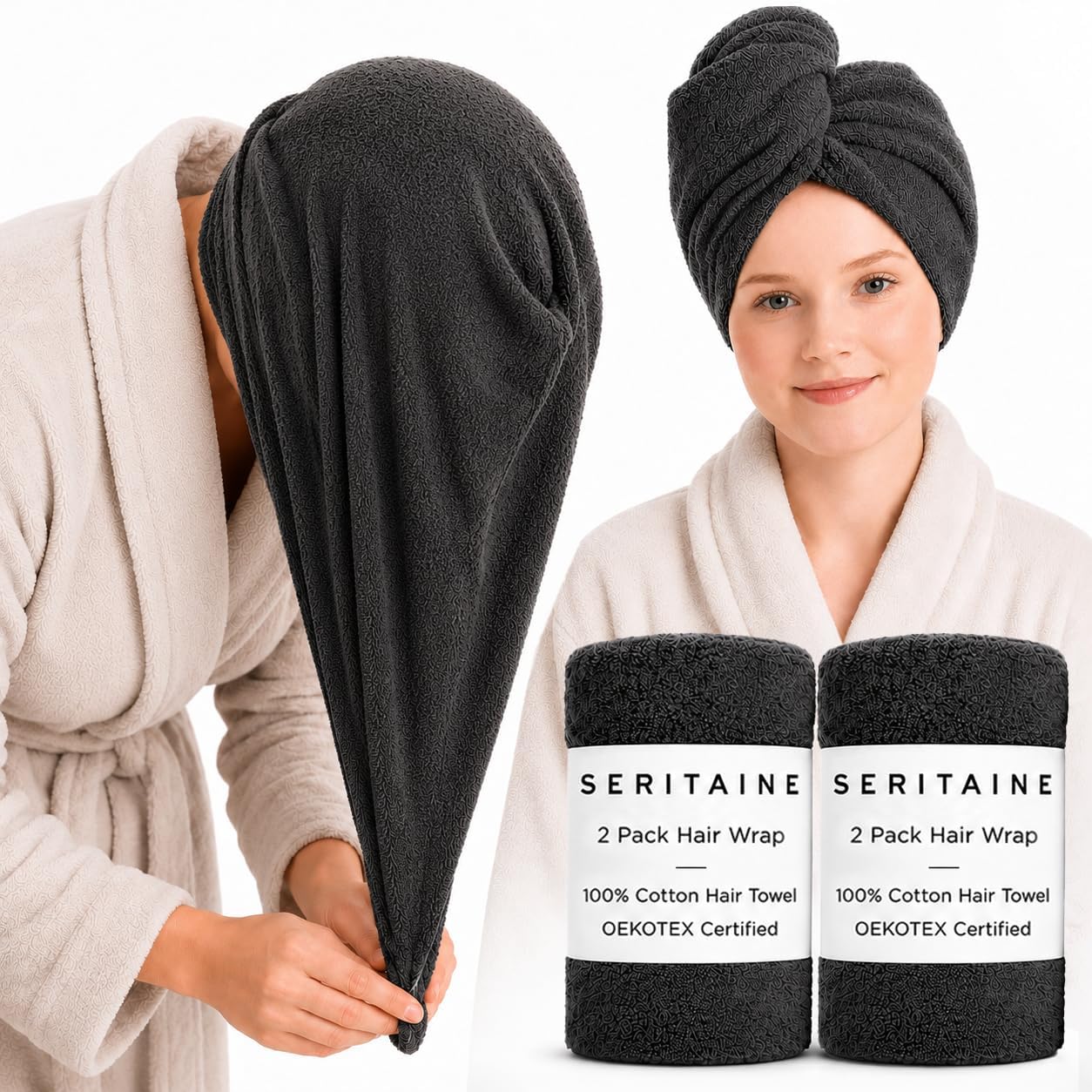 100% Turkish Cotton Hair Towel Wrap 2 Pack – Oeko-TEX Certified Quick Dry Turban for Wet Hair – Soft, Absorbent, Gentle on Curly & Long Hair – 10x26 Inch