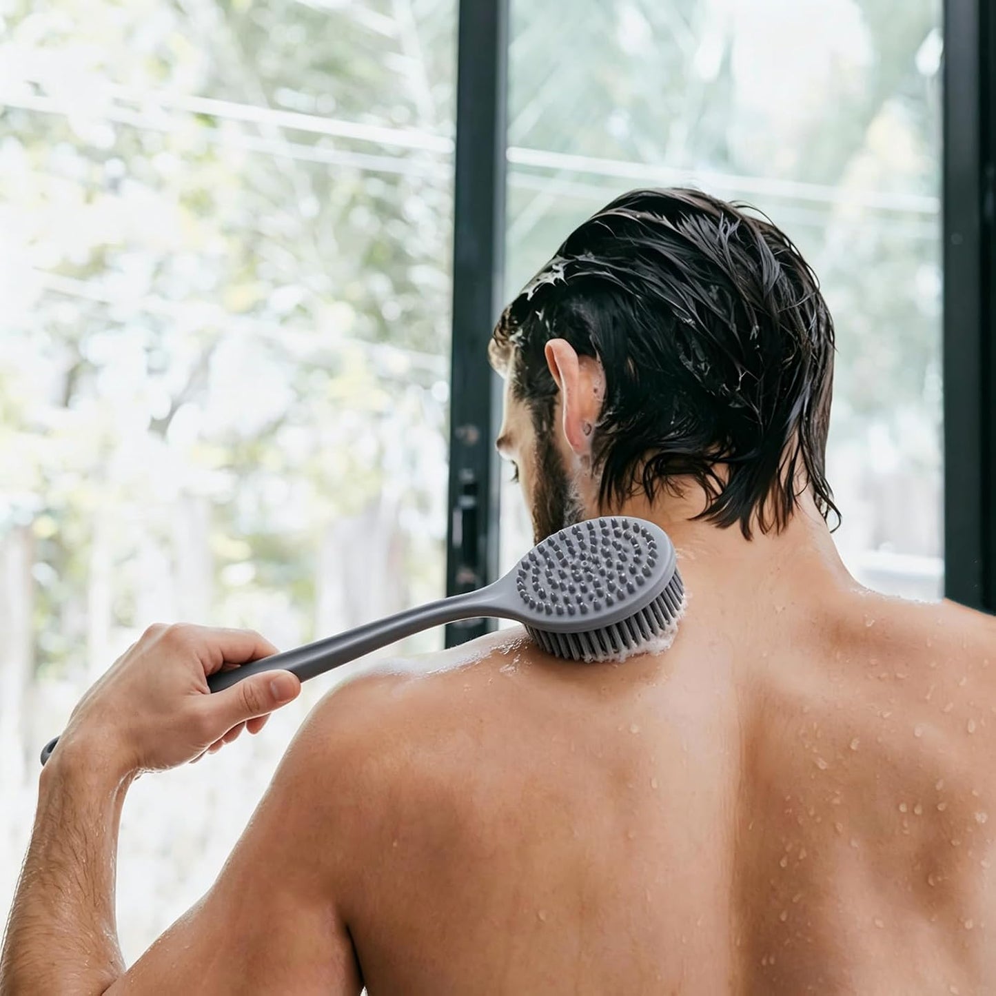 Silicone Back Scrubber for Shower, 17in Lengthen Long Handle Body Brush, Double Sided Shower Brush for Shower Exfoliating and Massage,Includes 2 Hooks (Black)