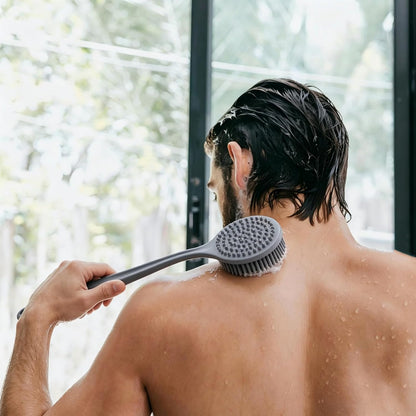 Silicone Back Scrubber for Shower, 17in Lengthen Long Handle Body Brush, Double Sided Shower Brush for Shower Exfoliating and Massage,Includes 2 Hooks (Black)