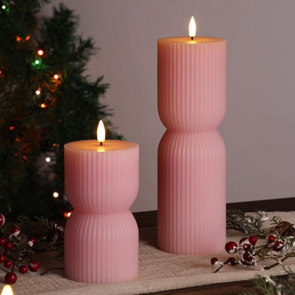 White Ribbed Flameless Pillar Candles with Remote, Real Wax Flickering Battery LED Candles Set of 2