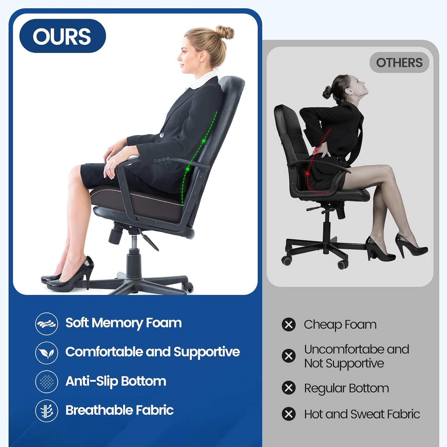 SweetSlubr Seat Cushion for Tailbone Pain Relief, Office Chair Cushion, Chair Pad, Memory Foam Large Cushion with Non-Slip Cover for Soft Support at Office Chair, Car Seat, Airplane, Black/Large