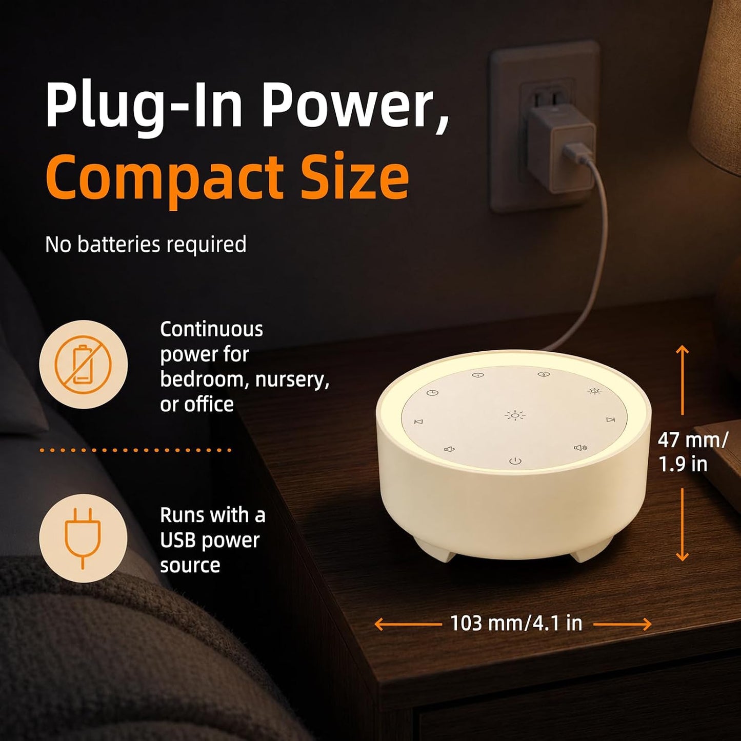 Kipcush White Noise Machine for Sleeping – High-Fidelity Non-Looping Sounds, Dimmable Night Light, USB Powered, Sleep Sound Machine for Baby, Kids & Adults (A - Model White+, Standard)