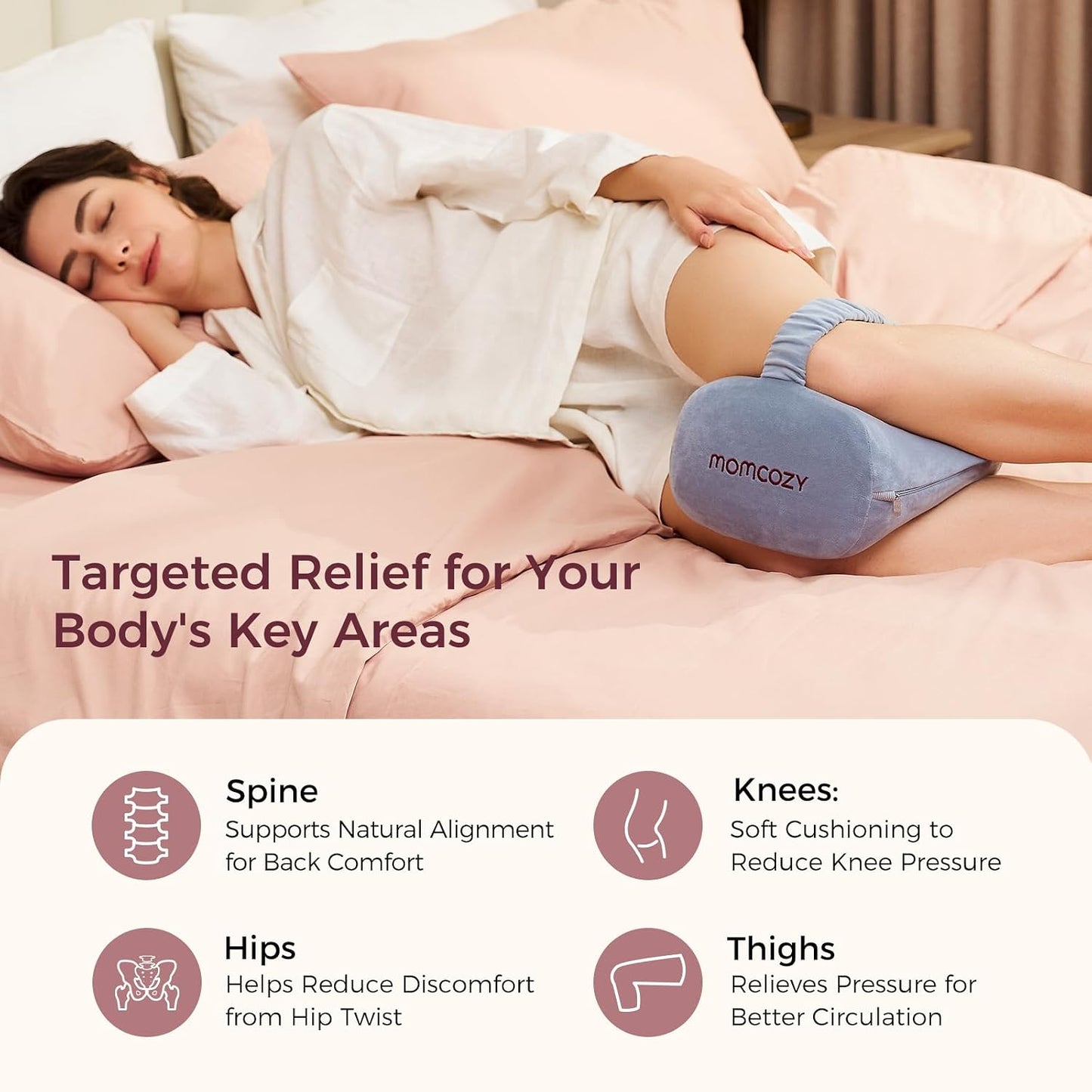 Momcozy Knee Pillow for Side Sleepers, Soft Memory Foam & Pinch-Free Design, Relieve Knee, Leg and Sciatica Pain, Adjustable Elastic Strap Ideal for Pregnant Women and Seniors, White