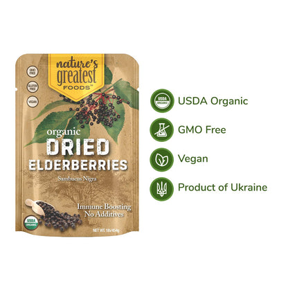 Nature's Greatest Foods Organic Dried Elderberries, Non-GMO, 1lb Bag