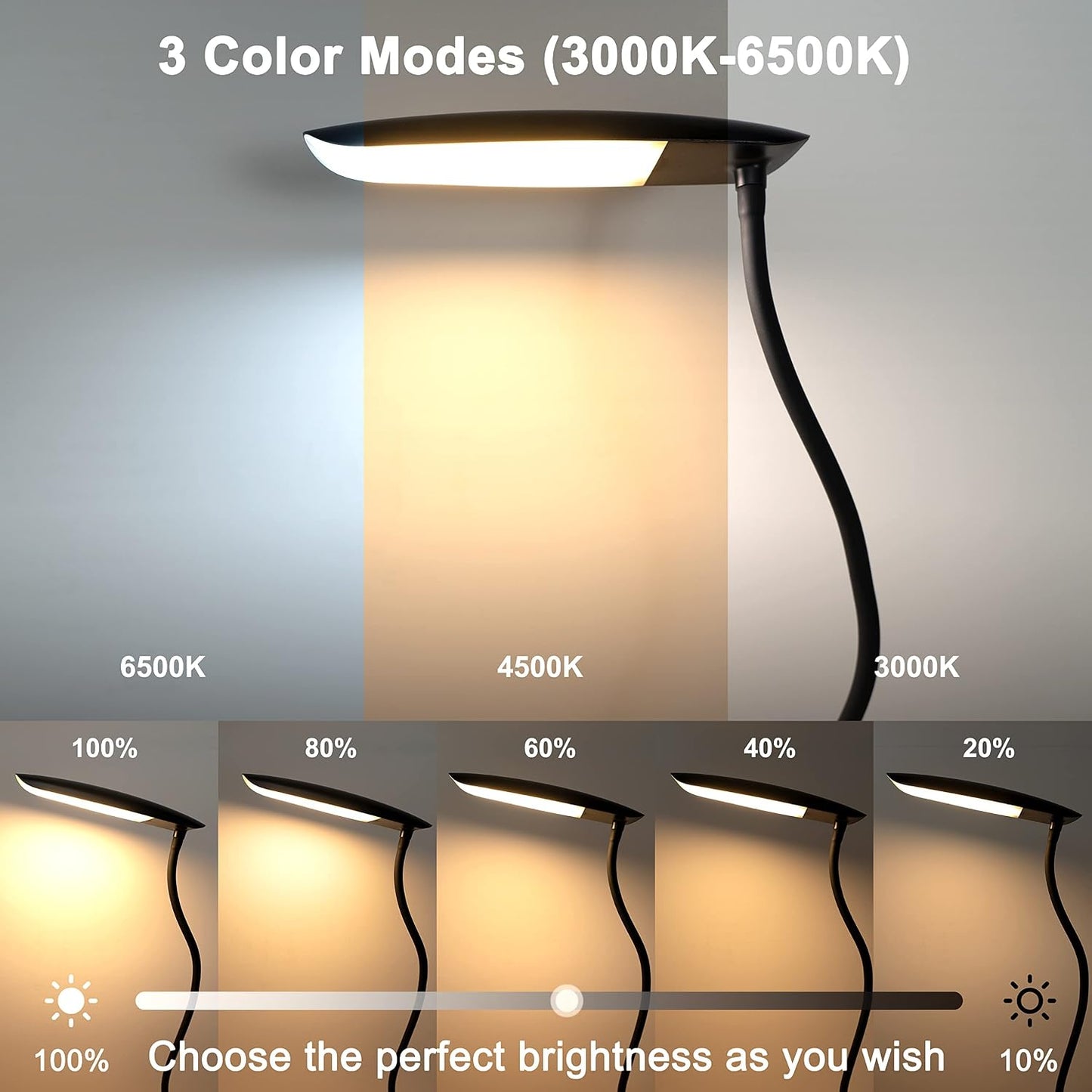 LiFMIRA Clip on Light USB Reading Light Desk Lamp 3 Color Modes Black