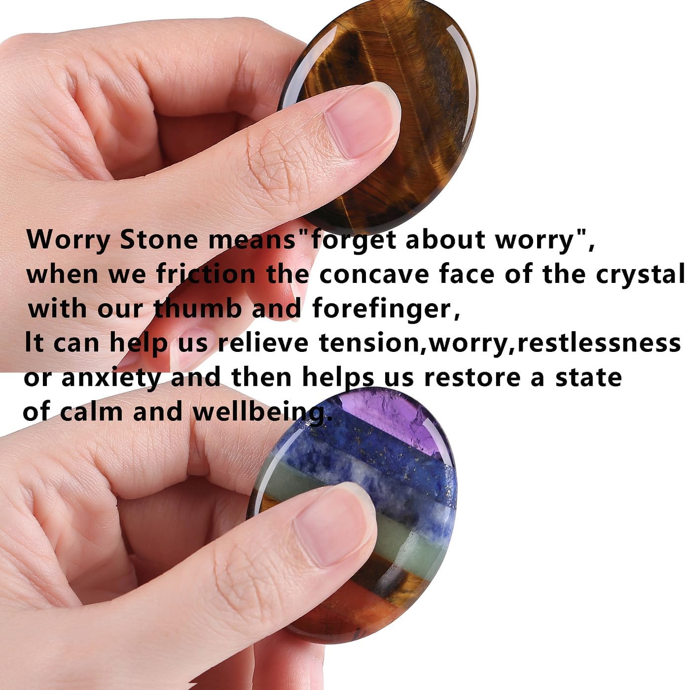 2PCS Worry Stone for Anxiety Tigers Eye Amethyst Healing Crystals Hand Thumb Stones Pocket Gemstones Meditation Accessories Oval Crystal Natural Relax Palm Stone Anxiety Relief Items Stocking Stuffers