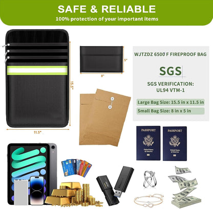 Upgraded 6500° Fireproof Money Bag for Cash,11.2"×7.7"& 8"×5"Small Fire Proof Money Bag for Cash with Reflective Strips,Portable Fire Safe Bag for Passports,Cash,Power Bank,Valuables