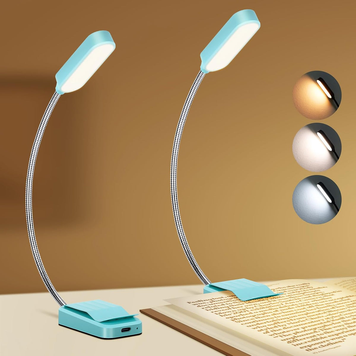 2 Pack Rechargeable Book Lights for Reading at Night, Eye-Caring Clip-On Reading Lights with 3 Color Temperatures & 3 Brightness Levels, Long Runtime Small Lightweight Clip on Lamp, Gifts for Reader