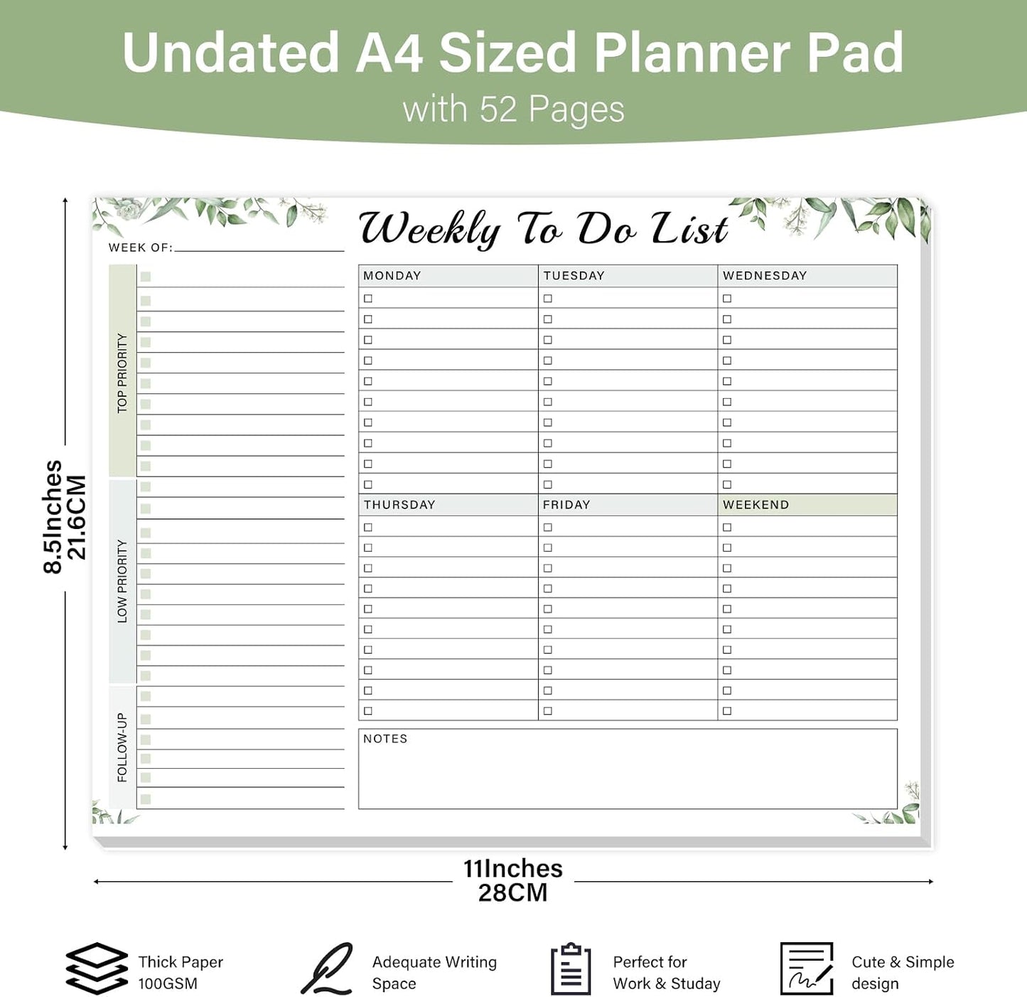 Weekly To Do List Notepad with 52 Undated Sheets（8.5"×11"）- Weekly Desk Planner Pad with Spiral Binding for Women & Man, Office, School and Home Personal Organizer