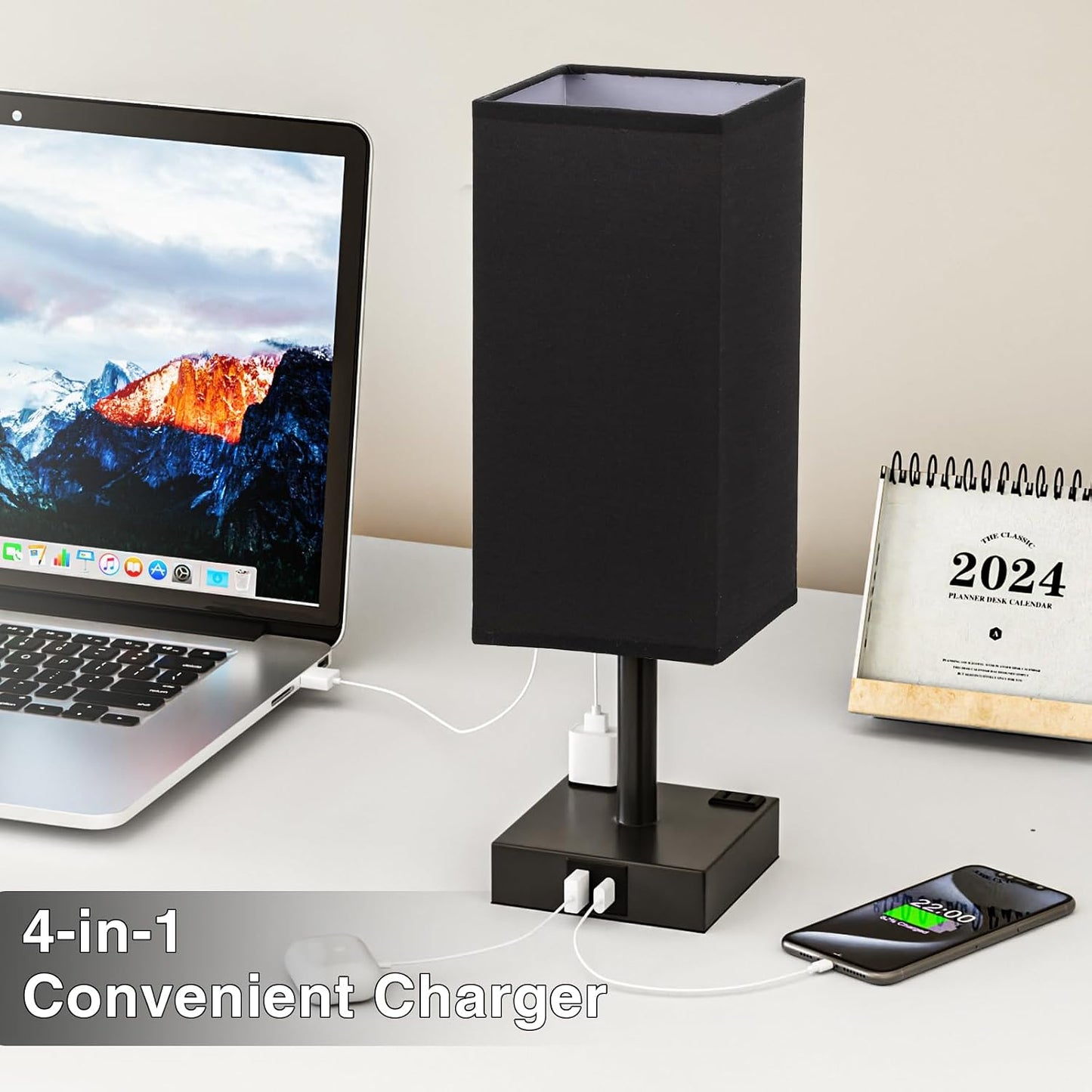 【Upgraded】Bedside Table Lamp Touch Control, with USB C+A Charging Ports & Dual AC Outlets, 3-Way Nightstand Lamp for Bedroom with LampShade Living Room Office(LED Dimmable Bulb Included)