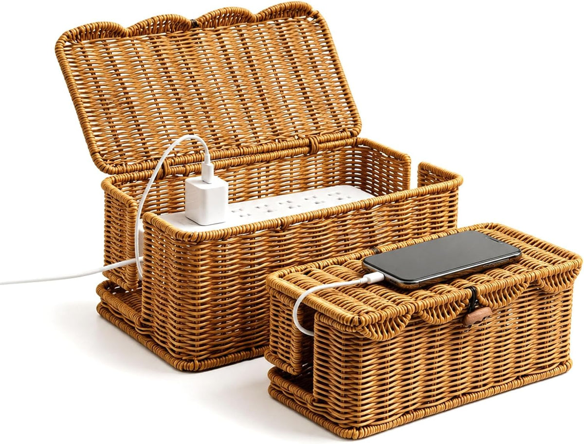 2 Pack Rattan Cable Management Box for Power Strip with 2 Exits