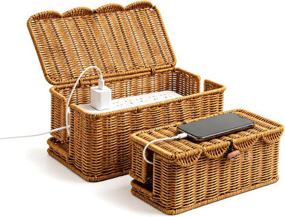 2 Pack Rattan Cable Management Box for Power Strip with 2 Exits