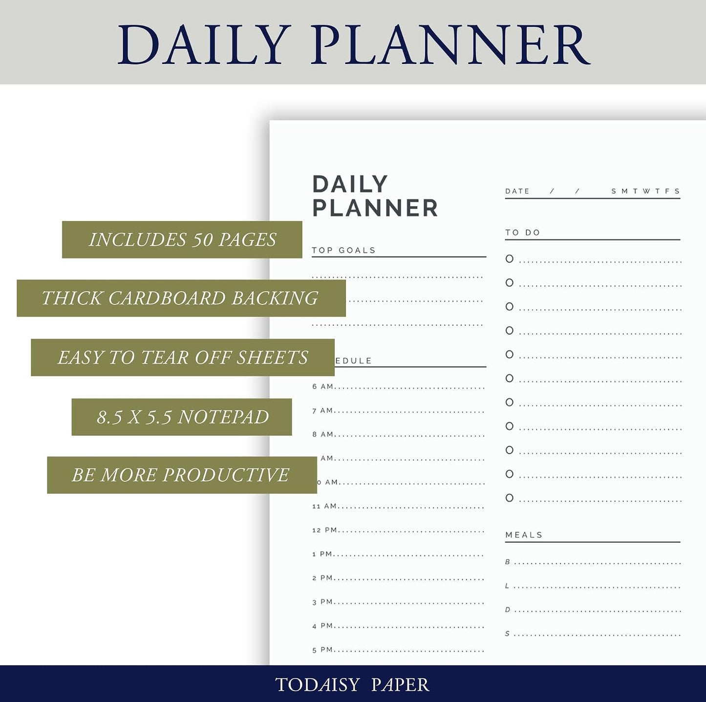 Daily Planner Notepad 5.5" x 8.5" To Do List with Hourly Schedule, Time Block Planning Pad, Desktop To Do List, 50 Sheets by Todaisy Paper