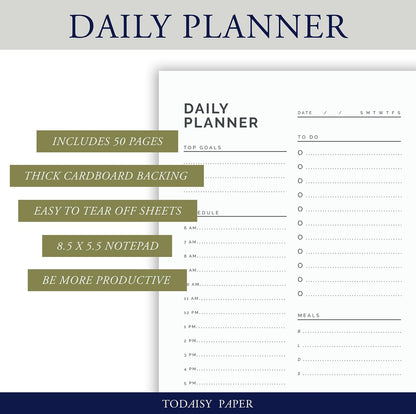 Daily Planner Notepad 5.5" x 8.5" To Do List with Hourly Schedule, Time Block Planning Pad, Desktop To Do List, 50 Sheets by Todaisy Paper
