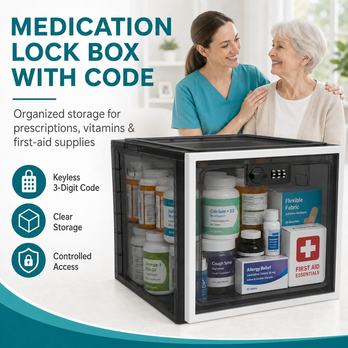2 Pack Large Medication Lock Box with Code, Clear Lockable Storage Box for Refrigerator, Cabinet & Dorm, Stackable Medicine Box for Prescriptions, Snacks, Phone, 11.9" x 9.3" x 7.6", Black