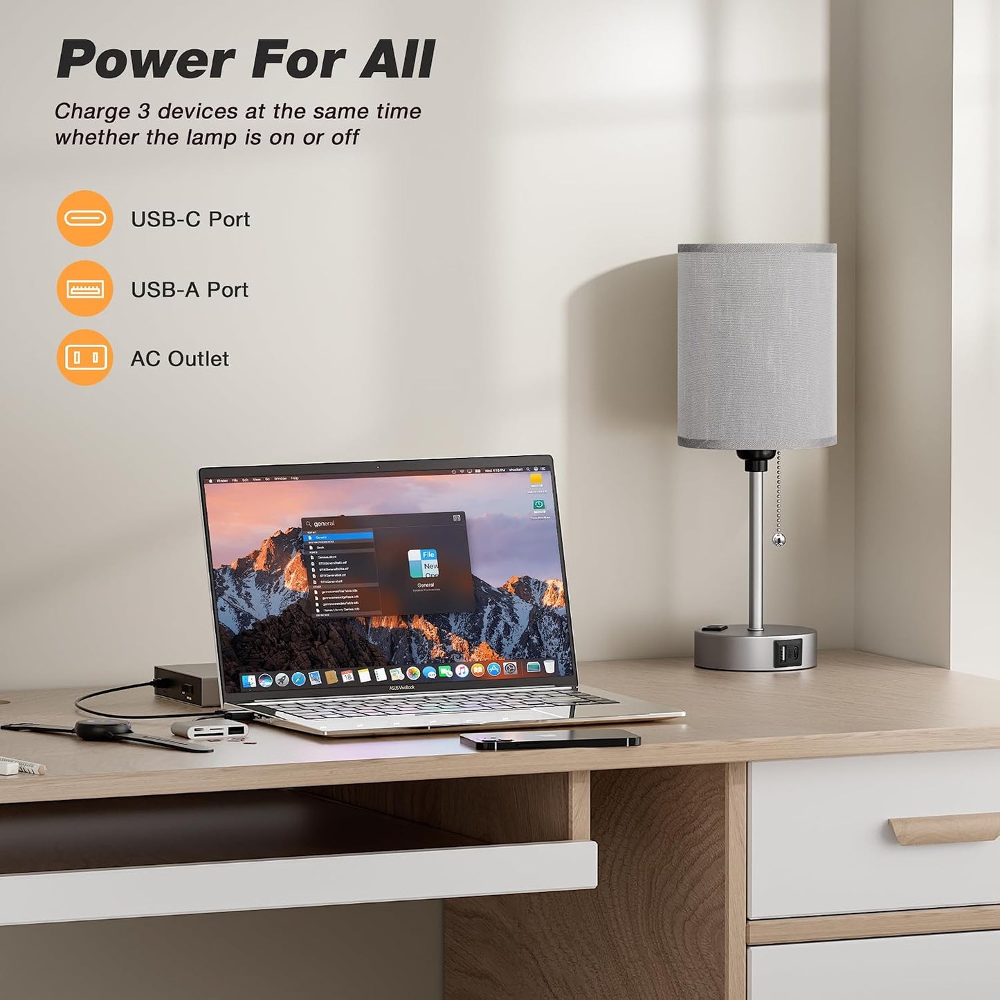 Small Bedside Table lamp for Bedroom - 3 Color Temperatures Bedside Lamps with USB C and A Ports, Pull Chain Table Lamps with AC Outlet, White Nightstand Lamps with Black Metal Base for Kids Reading