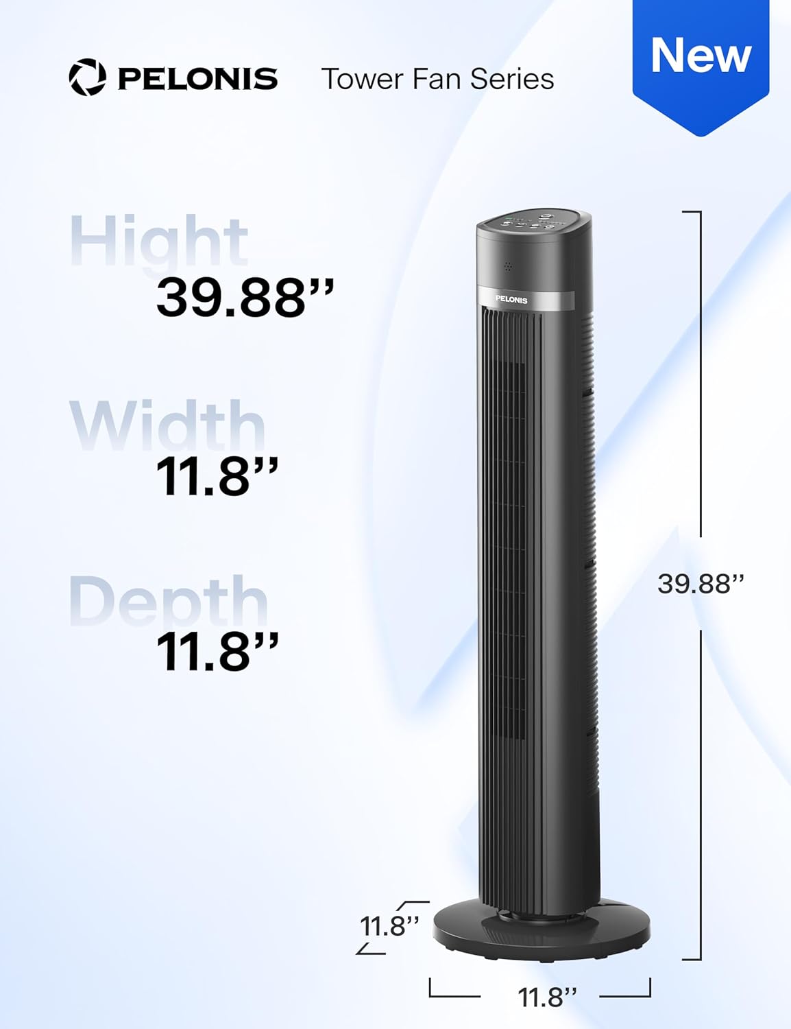PELONIS 40 inch Bladeless Tower Fan for Bedroom, Standing Fan with Remote Control, 26ft/s, 90° Oscillation, 3 Speed Settings, 27dB, 3 Modes, 15-Hour Timer, LED Display, Fan that Blows Cold Air, White