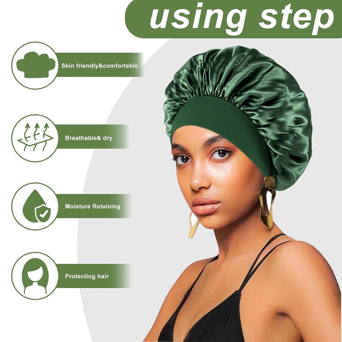 4PCS Silk Satin Bonnets for Black Women & Men - Elastic Wide Band Hair Wrap Cap for Curly Hair - Shower Cap for Sleeping (Black, Peacock Blue, Pink, Khaki)